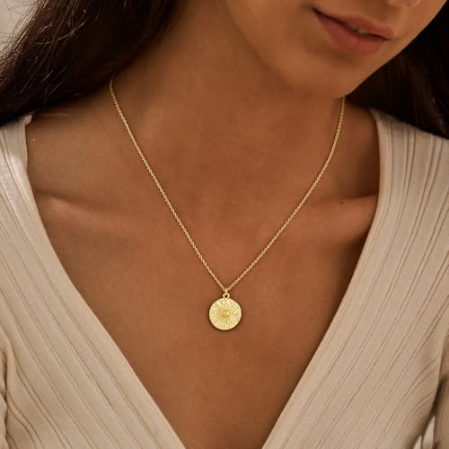 Tasiso Gold Pendant Necklace for Women 14K Gold Plated Coin CZ Pendant Necklace Adjustable Chain Disc Round Dainty Charm Necklace Trendy Jewelry Gift - style: Fire