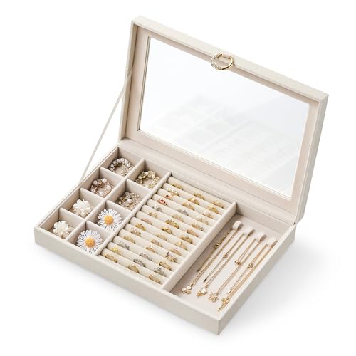 bussdis Glass Lid Jewelry Organizer Box – Beige Velvet Jewelry Case with Ring Slots, Necklace Hooks & Removable Compartments for Earrings, Rings & Bracelets - color: Beige