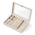 bussdis Glass Lid Jewelry Organizer Box – Beige Velvet Jewelry Case with Ring Slots, Necklace Hooks & Removable Compartments for Earrings, Rings & Bracelets - color: Beige
