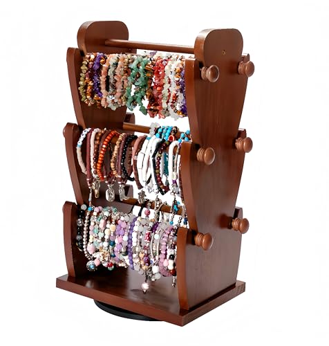 Two-Sided Rotating Wooden Jewelry Bracelet Holder Stand – 3-Tier Display with 6 Removable Bars for Bracelets, Bangles, Watches & Accessories – Brown Wooden Organizer for Home or Retail Showcase - color: Brown