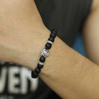 Ourania Onyx Lion Stone Bracelet Men - Black Onyx Beaded Stainless Steel Leo Head Bracelet Women 8mm - color: Silver