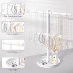 bodkar Necklace Holder Organizer Stand,2-Tier Sturdy Metal Jewelry Stand with Round Tray for Bracelet Bangles Holder Display,12.9" Tall for Long Necklace - color: White