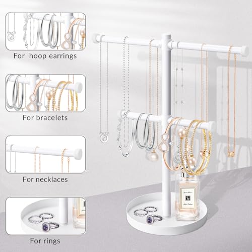 bodkar Necklace Holder Organizer Stand,2-Tier Sturdy Metal Jewelry Stand with Round Tray for Bracelet Bangles Holder Display,12.9" Tall for Long Necklace - color: White