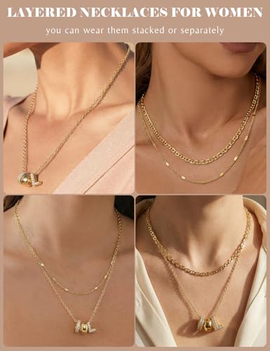 Layered Gold Necklaces for Women, 14K Gold Plated Dainty Cubic Zirconia Rondelle Initial Pendant Necklace, Chunky Stackable Mariner Chain Choker, Trendy Personalized Name Jewelry Gifts for Women - style: Letter L