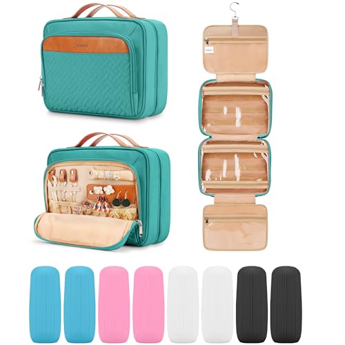 Travel Hanging Toiletry Bag for Women and Men, with 8 Leak Proofing Silicone Bottle Covers, Waterproof Makeup Accessories, Cosmetic Essentials, Toiletries Dopp Kit Set with Jewelry Organizer, Blue - color: Blue, size: Medium*1 + Leak Proofing Bottle Cover