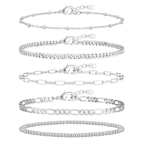 adoyi Gold Bracelets for Women, 14K Gold Plated Stackable Bracelet Stack Set Adjustable Charm Paperclip Chain Cuban Link Layered Waterproof Jewelry Sets Gifts for Womens - color: Silver 6.0 IN Small Wrist