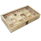 Mooca Wooden Display Storage Case with Tempered Glass Lid for Jewelry and Beads with 18 Compartments Tray, Oak Color, 15" W x 8 3/4" D x 2" H - color: Oak