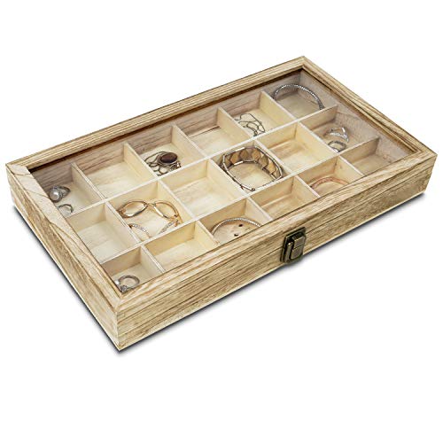 Mooca Wooden Display Storage Case with Tempered Glass Lid for Jewelry and Beads with 18 Compartments Tray, Oak Color, 15" W x 8 3/4" D x 2" H - color: Oak