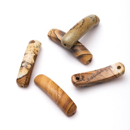 5PCS Natural Brown Picture Stone Rectangle Curved Beads Gemstone Pendants Connectors for DIY Bracelet Neclace Jewelry Making - color: Brown Picture