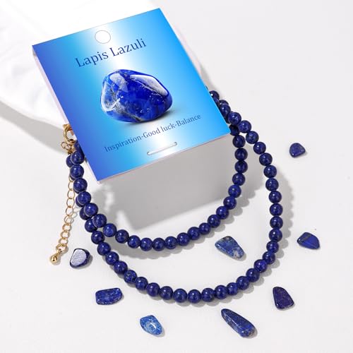 Crystal Choker Necklaces for Women,4mm Handmade Natural Stone Choker Beaded Necklace Healing Crystal Necklace Gemstone Bead Necklaces for Women - color: Lapis Lazuli