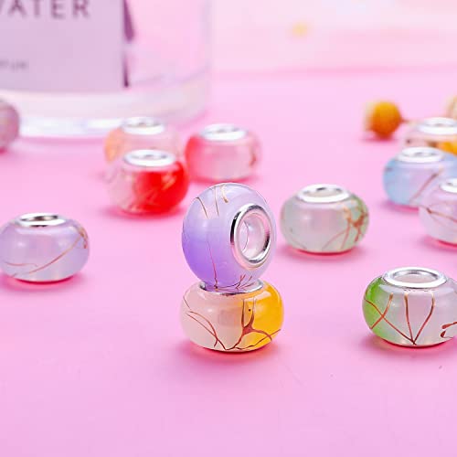 100 Pieces 14mm European Large Hole Spacer Beads Mix Color with Silver Brass Cores Assortments Charm Lampwork Beads Supplies for Necklace Bracelets Jewelry Making (Ｇolden Wire Jelly) - color: Ｇolden Wire Jelly