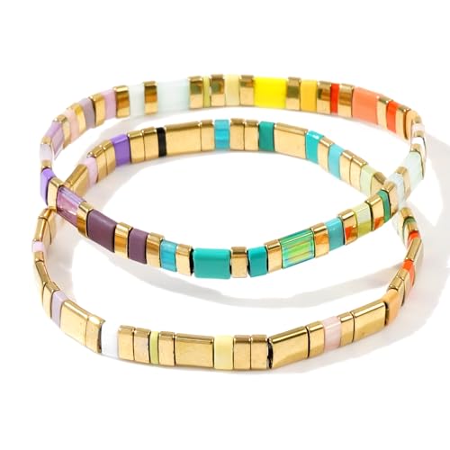 Tila Flat Beaded Bracelet for Women,Bohemian Colorful Stretch Square Glass Bead Elastic Layred Bracelet Stack, Handmade Boho Trendy Holiday Jewelry Accessories Friendship Gift - color: Gold Colorful