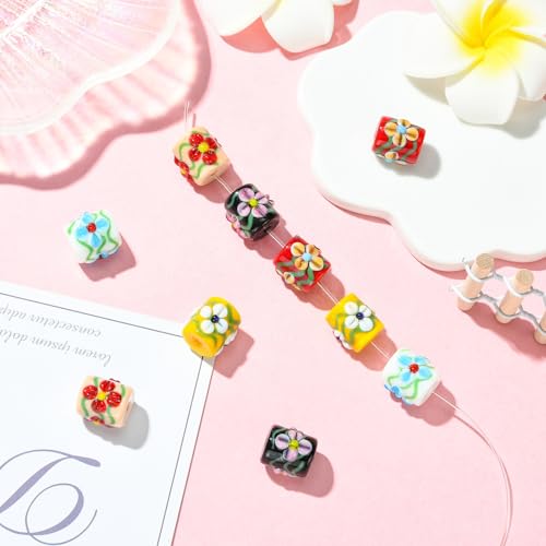 Stiesy Painted Column with Flower Glass Beads 10Pcs, 5 Colors Glass Spacer Loose Beads Bulk for DIY Jewelry Making Necklace Bracelet Earring Keychain Crafts 13x13mm - color: Column with Flower-5 Colors -10pcs