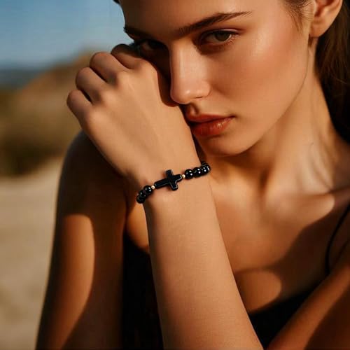 Healing Onyx Bracelet for Women Men Handmade Natural Gemstone Amethyst Crystal Bracelets Obsidian Cross Beaded Stone Jewelry - color: Black Agate