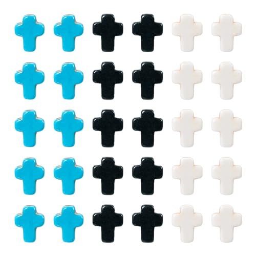 60 Pcs Turquoise Cross Beads Turquoise Stone Beads Small Cross Bead Charms Turquoise White Black Cross Crucifix Spacer Beads for Easter Holiday Bracelet Necklace Jewelry Making - color: Black/White/Blue