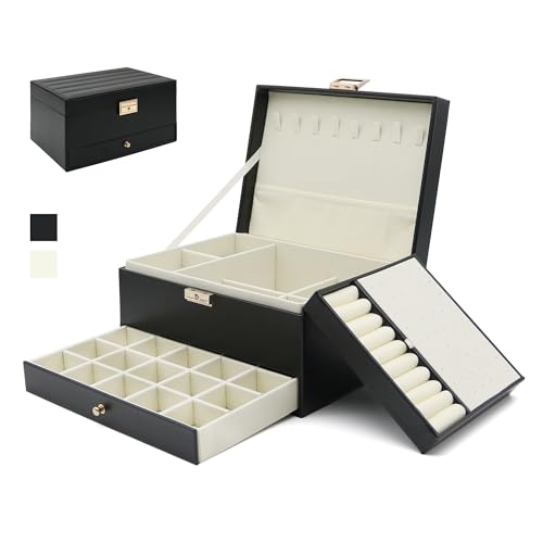 Jewelry Organizer, Travel Jewelry Box Organizers for Women Girls, Jewellery Display Holder 3 Layers Large PU Leather Jewellery Storage Case for Earring, Rings, Necklaces, Bracelets, Watch, Gift(Black) - color: Black
