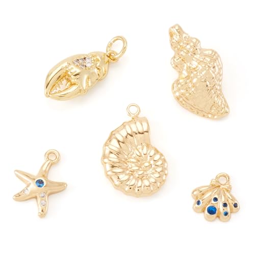 Cheriswelry 5Pcs 18K Gold Filled Conch Shell Charms Cubic Zirconia Metal Brass Seashell Starfish Pendants 10-20.5mm for DIY Summer Necklace Bracelet Earring Jewelry Making - color: Gold-5pcs