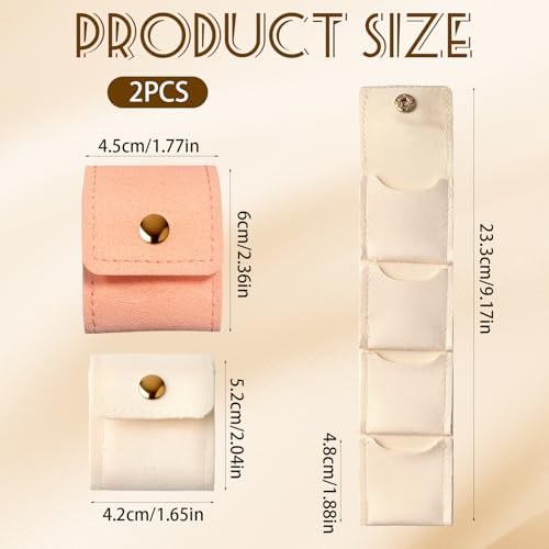 2 Pcs Mini Travel Jewelry Bag, Portable Foldable Small Jewelry Organizer with Snap Button, Compact Jewelry Case for Earrings Rings Necklaces - Lightweight Jewelry Storage Organizer, White, Pink
