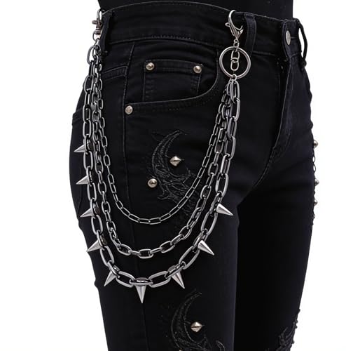 Layered Punk Pants Chain for Men Women, Gothic Hip Hop Jean Chain Wallet Chain Biker Trouser Chain, Goth Emo Fashion Keychain Accessories - color: 3L-Black Rivet