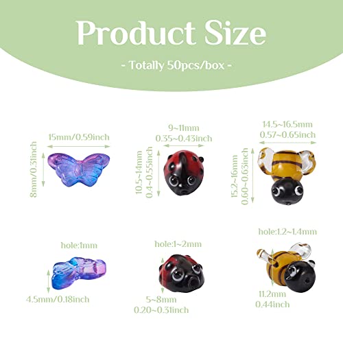 Pandahall 50Pcs Red Ladybug Bees Butterfly Lampwork Glass Beads Set Assorted Handmade Animal Insect Loose Spacer Beads for DIY Jewelry Bracelet Necklace Making (Hole: 1-2mm)
