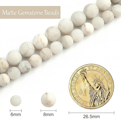 Stone Beads, 60pcs Matte White Quartz, 6mm Round Loose Beads for Jewelry Making, Bracelets, with Bag, String & Card - color: Matte White Quartz, size: 6mm