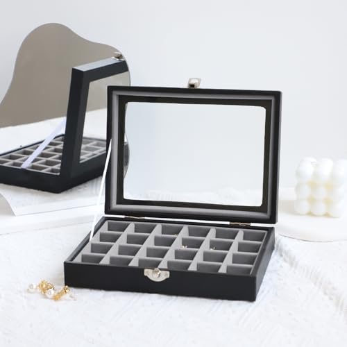 Wudygirl Small Jewelry Organizer Ring Box Velvet Jewelry Box Earring Organizer with Clear Lid Jewelry Tray for Women Girls Jewelry Display Case Drawer Inserts 24 Grid (Gray) - style: Black Gray 24 Grid