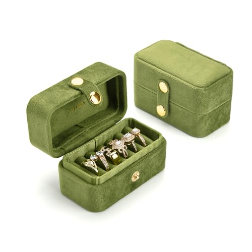 TAIMY Travel Jewelry Case, Portable Pocket Size Small Plush Velvet Ring Box for Women, Mini Ring Holder and Organizer with 7 slots for purse(Avocado Green) - color: Ring Box- Avocado Green