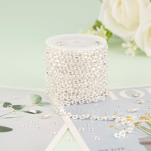 KYUNHOO 16.4 Feet Silver Jewelry Making Chains Bulk on Spool Oval Cable Chain Links for Women Men DIY Crafts with Jump Rings Lobster Clasps Supplies - color: Cable Silver