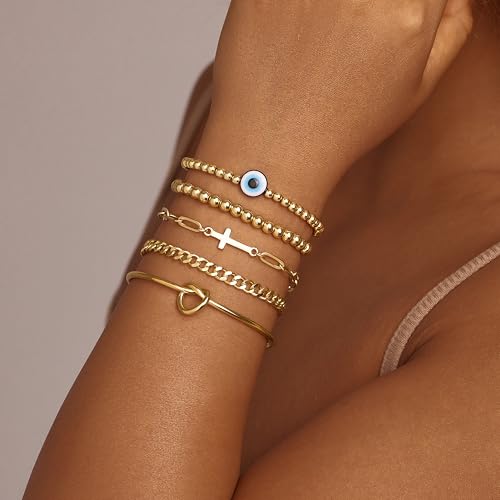Gold Bracelets Set for Women Stack, Chunky Thick Bracelets Stack for Women Trendy, Simple Dainty Thin Gold Plated Cuff Stackable Bracelets With Beaded Cuban Paperclip Snake Rope Bangle Hand Chain Jewelry - style: Style 13-gold