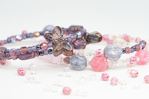 Bracelet Making kit with Czech Glass Beads & TOHO Japanese Rocailles, 2pc Memory Wire and crimps for begginers - Easy & Fast to do (Butterflies Purple Pink)