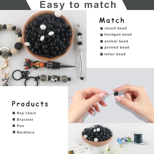 Sunrony 200Pcs 12mm Silicone Lentil Beads for Keychain Making, Bulk Abacus Spacer Beads for Pens (Black) - color: D-Black