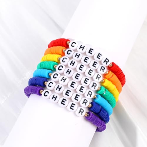 Rainbow Heishi Surfer Bracelets Set for Women Stackable Clay Beaded Bracelets Disc Stretch Preppy Bracelets Layering Colorful Friendship Bracelets Team Cheer Bulk Boho Summer Beach Jewelry Gift - style: CHEER