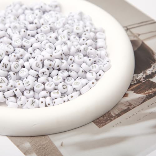 1000pcs 4x7mm Round Letter Beads White Acrylic with Silver Letter Alphabet for Jewelry Making Friendship Bracelets (Silver White) - color: Silver White