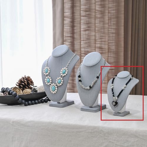 MOOCA 2 Pcs Set Small Linen Covered Wood Jewelry Display Necklace Chain Jewelry Bust Display Holder Stand, Necklaces Mannequin, 7 1/4" H, Dim Gray Linen - color: 5) Dim Gray Linen, 2 piece