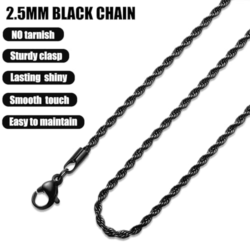 Fiusem 18K Gold Plated Rope Chain for Men, 18K Gold Plated/Black Chain Necklace, Stainless Steel Necklace for Men and Women, Jewelry Gifts - size: 18 Inches, style: Black 2.5mm