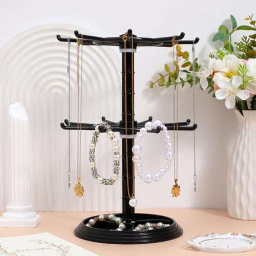 Didiseaon 2layer Rotating Necklace Display Stand for Jewelry Organization Small Accessory Rack for Necklaces Bracelets Keychains and Earrings Stylish Desktop Home Decor