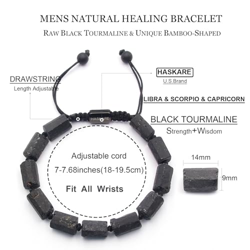 HASKARE Natural Stone Tourmaline Crystal Bracelets for Men, Protection Crystals Raw Black Tourmaline Beads Bracelet, Mens Energy Healing Bracelets for Anxiety, Handmade Beaded Bracelet Gifts for Men