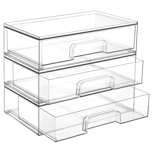 Vtopmart 12.1''W Clear Stackable Storage Drawers,3 Pack Acrylic Plastic Organizers Bins for Makeup Palettes, Cosmetics, and Beauty Supplies,Ideal for Vanity, Bathroom,Cabinet,Desk Organization - style: 3pack Wide