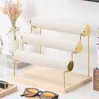 Bracelet Holder, Bracelet Displays for Vendors, 3 Tier Jewelry Organizer Stand for Selling, Jewelry Necklaces Storage Rack with Wood Base (Beige+Gold)