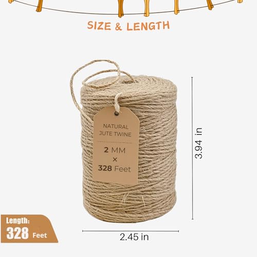 Garden Twine 2mm, 328 Feet Natural Jute Twine for Garden, Crafts, Gifts Wrapping, Packing and Home Decor