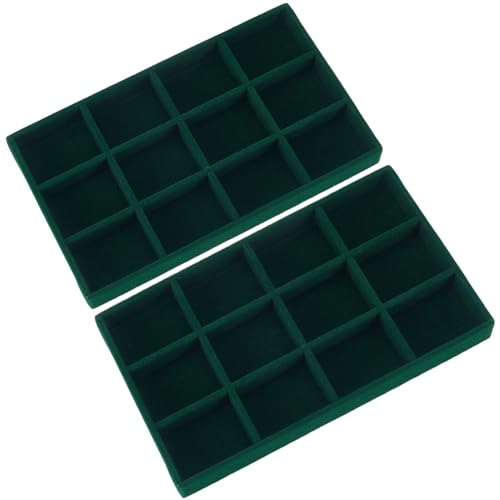 2Pcs Velvet Jewelry Display Trays Stackable Jewelry Organizer Tray Green Bulk 12 Girds Stylish Organizer Trays for Ring Earring Holder Necklace Bracelet Storage Display Dish Women Adults - color: Green