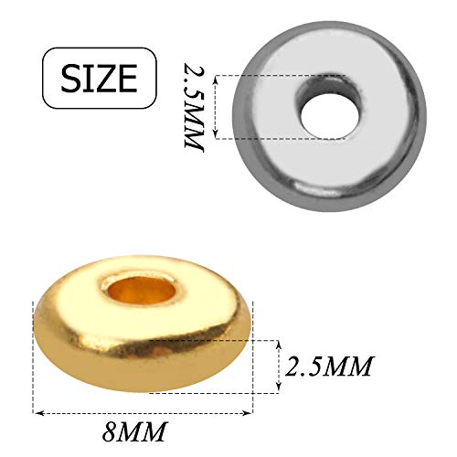 200pcs 8mm Flat Round Rondelle Spacer Beads Disc Spacers Loose Beads Jewelry Metal Spacers for DIY Bracelet Necklace Crafts,Gold and Silver - color: Gold and Silver