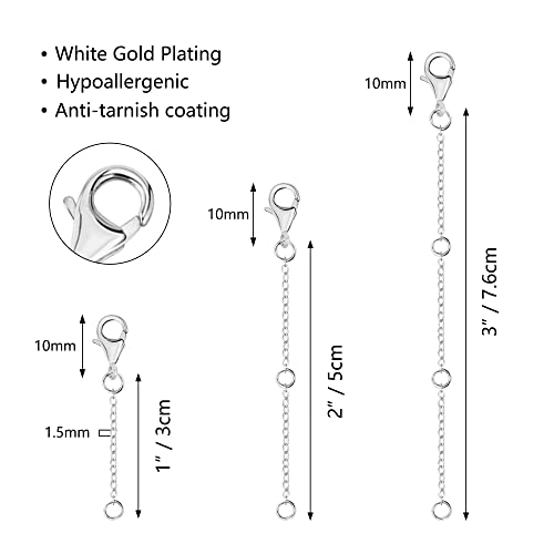925 Sliver Necklace Extenders, Silver Chain Extenders with Lobster Clasp, Durable Plated Solid Brass Necklace Bracelet Anklet Extension Chains(1 2 3 Inches, 3PCS) - color: D-Silver, size: 1,2,3inch