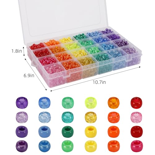 2880pcs Kandi Beads for Hair Pony Beads Kit Rainbow Beads Plastic Bead for Craft 6 x 9mm 24 Colors 4 Styles Large Hole Beads Set for Bracelets Jewelry Making