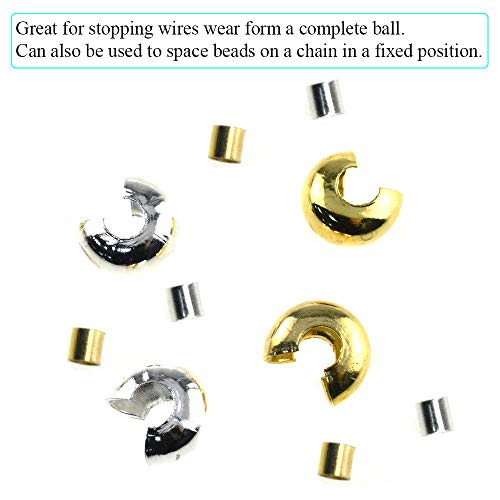 2mm Tiny Tube Crimp Beads and 4mm Crimp Bead Knot Covers Half Round Easy to Position Two Sides Keep Flush Close Neatly Evenly Stop Wire Wear No Irritate for Jewelry Craft Silver Gold 180sets - size: 2mm&4mm-Silve&Gold-180Pcs