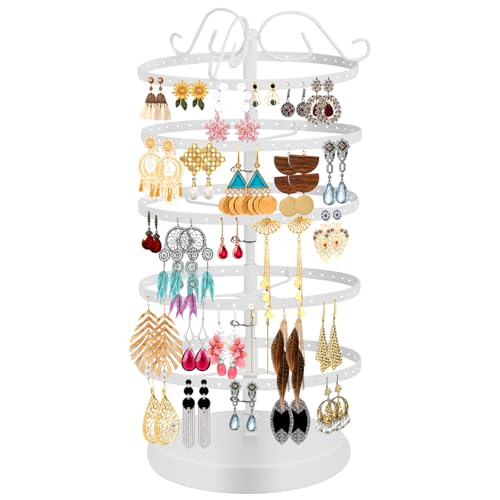 5 Tier 360 Rotating Earring Holder Organizer Stand, Jewelry Tree Rack, 220 Holes Display Storage for Stud Hoop Earrings, Vintage Metal Design, Space Saving Table Decor - color: Metal,5-Tier,White