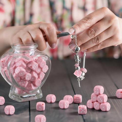 Ferreve 90 Piece Acrylic Dice Beads 10mm Dice Beads Bulk, Casino Games Birthday Party Supplies, Jewelry Making, Bracelet Necklaces Lanyard DIY Handicrafts (Pink) - color: Pink