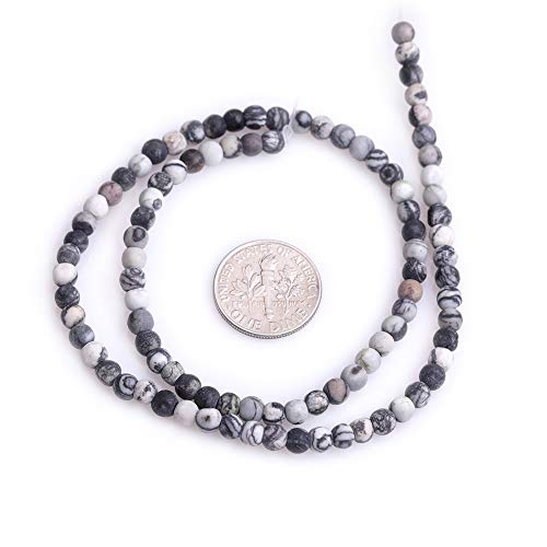 4mm Matte Natural Black Web Picasso Jasper, 15 Inch Strand 95 Beads, Frosted Round Stone Gemstone Spacer Beads for Jewelry Making Bracelet Necklace Earrings - color: Black Web Webbed, size: 4mm