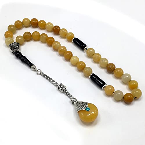 Simple Designed Natural Stone Worry Beads - Prayer Beads Tesbih-Tasbih-Tasbeeh-Misbaha-Subha-Sebha-Sibha-Rosary (Yellow Jade Natural Stone -8 mm 33- Beads/Drop Tassel) - color: Yellow Jade Natural Stone -8 mm 33- Beads / Drop Tassel