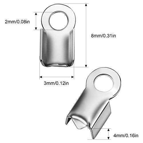 Syhood 100 Pieces 304 Stainless Steel Fold Over Cord Ends Cord Crimp Tips Fold-Over End Caps Leather Ribbon Clasp Tips Jewelry Connector for Jewelry Making, 3 x 8 mm